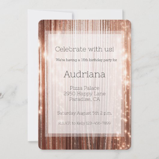バラ金ゴールドスパークルタンストライプセル誕生日16th 招待状 (正面)