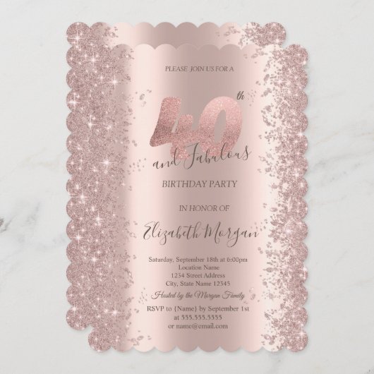 バラ金ゴールドスパークルダイヤモンド40歳の誕生日 招待状 (正面/裏面)
