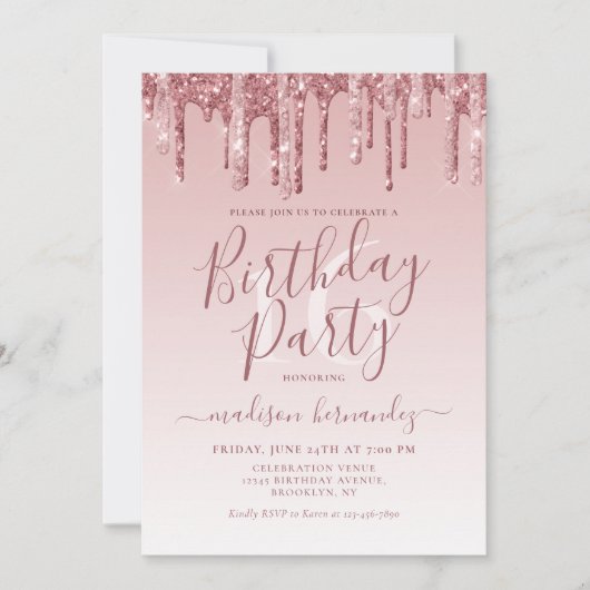 バラ金ゴールドスパークルドリッピンググリッター16誕生日 招待状 (正面)