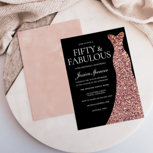 バラ金ゴールドスパークルドレスブラック50thバースデーパーティー 招待状