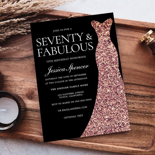 バラ金ゴールドスパークルドレスブラック70thバースデーパーティー 招待状