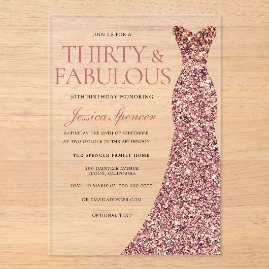 バラ金ゴールドスパークルドレス女性30th誕生日パーティー アクリル招待状 (正面)