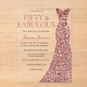 バラ金ゴールドスパークルドレス女性50thバースデーパーティー アクリル招待状 (正面)