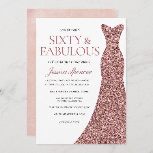 バラ金ゴールドスパークルドレス女性60thバースデーパーティー 招待状 (正面/裏面)