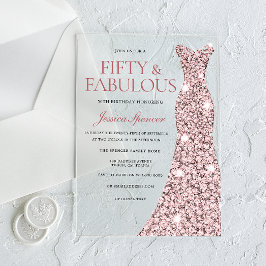 バラ金ゴールドスパークルドレス50th誕生日招待状 アクリル招待状