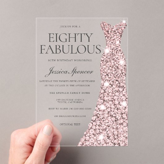 バラ金ゴールドスパークルドレス80誕生日 アクリル招待状 (インサイチュ (ポータブル))