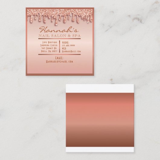 バラ金ゴールドスパークルネイルサロンスパグリッターピーチ スクエア名刺 (正面/裏面)