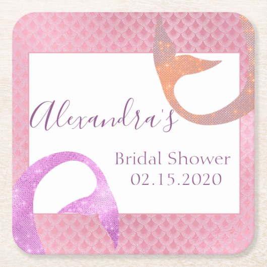 バラ金ゴールドスパークルマーメイドブライダルシャワーコースター スクエアペーパーコースター (正面)