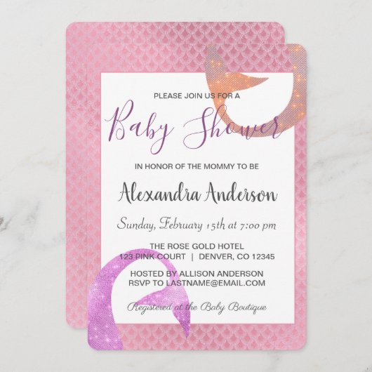 バラ金ゴールドスパークルマーメイドベビーシャワー招待状 招待状 (正面/裏面)