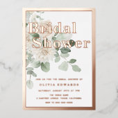 バラ金ゴールドセージグリーンホワイトフローラブライダルシャワー 箔招待状 (正面)