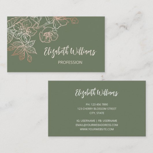 バラ金ゴールドセージグリーンラインアートフローラ 名刺 (正面/裏面)