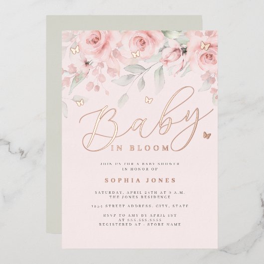 バラ金ゴールドセージフローラバタフライベビーイン開花 箔招待状 (正面/裏面)