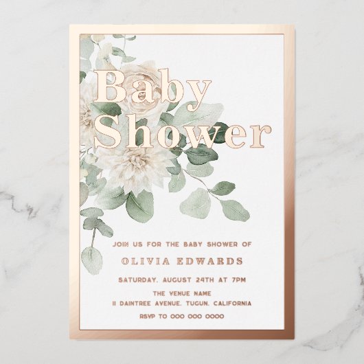 バラ金ゴールドセージ緑の白フローラベビーシャワー 箔招待状 (正面)