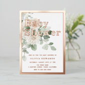バラ金ゴールドセージ緑の白フローラベビーシャワー 箔招待状 (立ち正面)