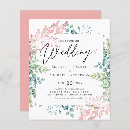 バラ金ゴールドセージ緑ユーカリ緑の招待状 (正面/裏面)