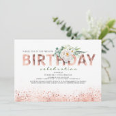 バラ金ゴールドタイポグラフィとホワイトフラワーズ誕生日 招待状 (スタンド正面)
