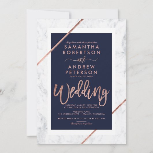 バラ金ゴールドタイポグラフィネイビー白結婚大理石 招待状 (正面)