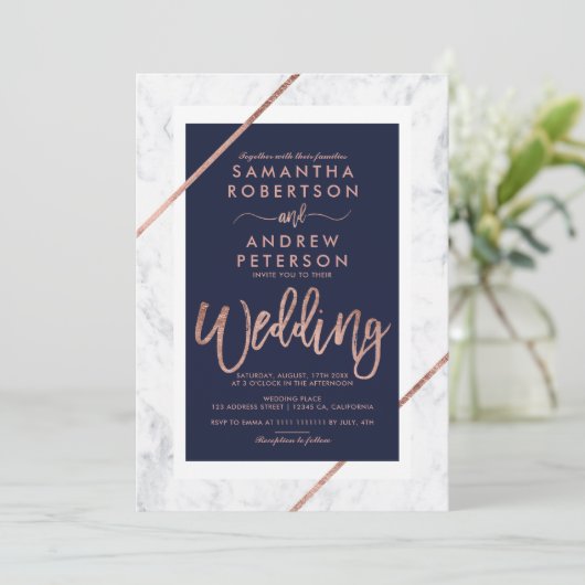 バラ金ゴールドタイポグラフィネイビー白結婚大理石 招待状 (スタンド正面)