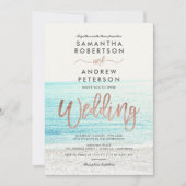 バラ金ゴールドタイポグラフィビーチ結婚写真 招待状 (正面)