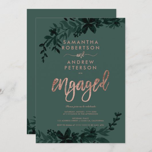 バラ金ゴールドタイポグラフィフローラグリーン婚約パーティ 招待状 (正面/裏面)