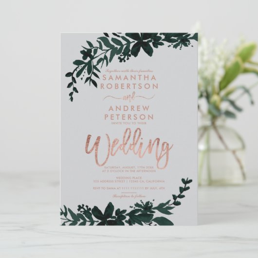 バラ金ゴールドタイポグラフィフローラグ結婚レイ 招待状 (スタンド正面)