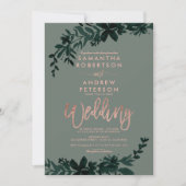 バラ金ゴールドタイポグラフィフローラセージ結婚グリーン 招待状 (正面)
