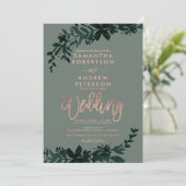 バラ金ゴールドタイポグラフィフローラセージ結婚グリーン 招待状 (スタンド正面)