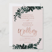 バラ金ゴールドタイポグラフィフローラソフトピーチ結婚ズ 招待状 (正面)