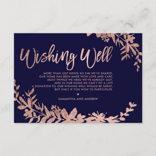 バラ金ゴールドタイポグラフィフローラネイビーブルーwishing well エンクロージャーカード (正面)