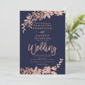 バラ金ゴールドタイポグラフィフローラネイビー結婚ブルー 招待状 (スタンド正面)