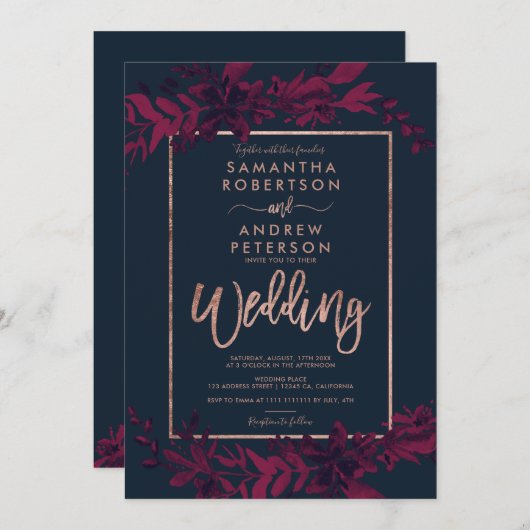 バラ金ゴールドタイポグラフィフローラネイビー結婚レッド 招待状 (正面/裏面)