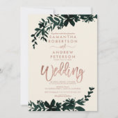 バラ金ゴールドタイポグラフィフローラ結婚アイボリー 招待状 (正面)