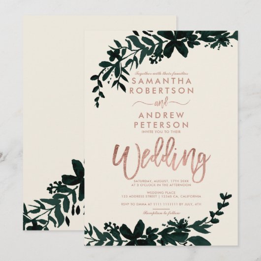 バラ金ゴールドタイポグラフィフローラ結婚アイボリー 招待状 (正面/裏面)