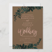 バラ金ゴールドタイポグラフィフローラ結婚ブラウン 招待状 (正面)