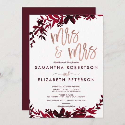 バラ金ゴールドタイポグラフィフローラ赤レズ結婚ビアン 招待状 (正面/裏面)