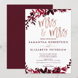 バラ金ゴールドタイポグラフィフローラ赤レズ結婚ビアン 招待状