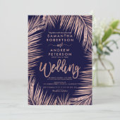 バラ金ゴールドタイポグラフィヤシの木ネイビー結婚ブルー 招待状 (スタンド正面)