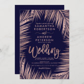 バラ金ゴールドタイポグラフィヤシの木ネイビー結婚ブルー 招待状 (正面/裏面)