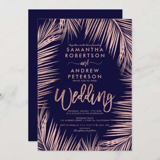バラ金ゴールドタイポグラフィヤシの木ネイビー結婚ブルー 招待状 (正面/裏面)