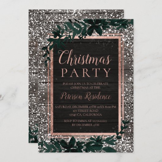 バラ金ゴールドタイポグラフィリーフ雪の木クリスマス2 招待状 (正面/裏面)