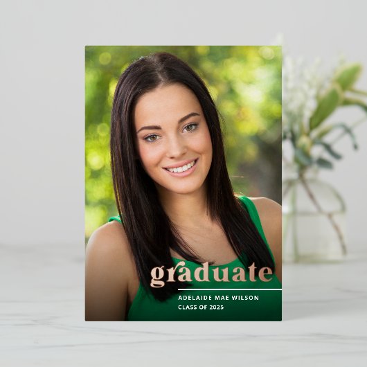 バラ金ゴールドタイポグラフィ写真卒業パーティー 箔招待状 (立ち正面)