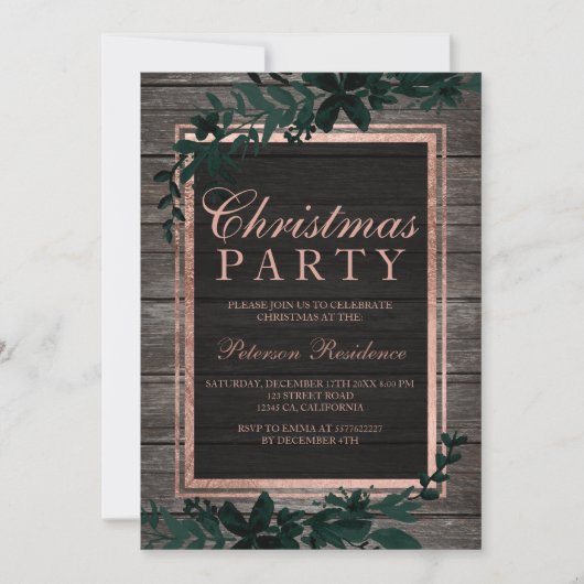 バラ金ゴールドタイポグラフィ緑葉樹クリスマス 招待状 (正面)