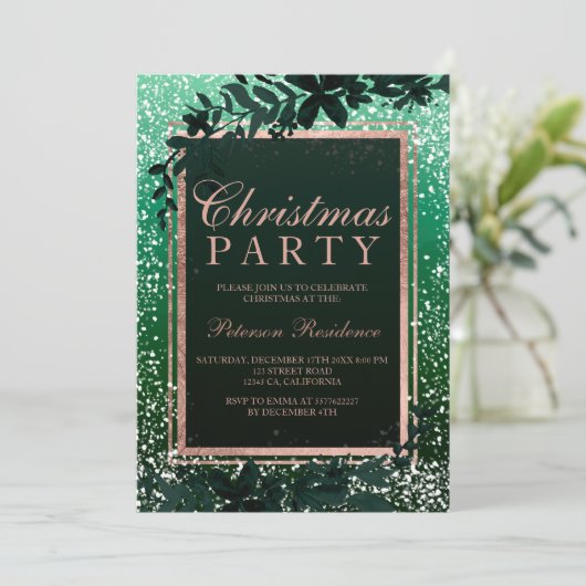 バラ金ゴールドタイポグラフィ葉の雪の緑クリスマス 招待状 (スタンド正面)