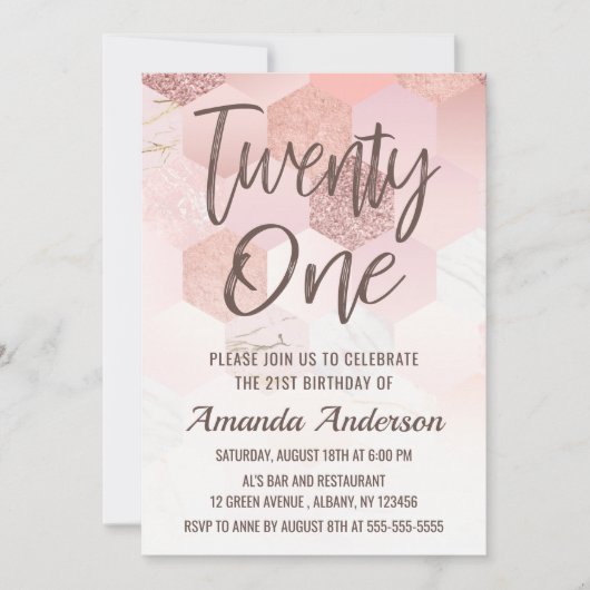 バラ金ゴールドタイルブラシスクリプト21歳の誕生日 招待状 (正面)