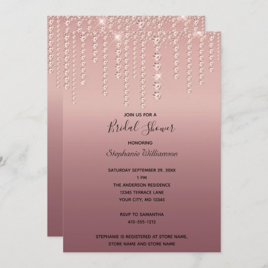 バラ金ゴールドダイヤモンドドリッピングトレンディーブライダルシャワー 招待状 (正面/裏面)