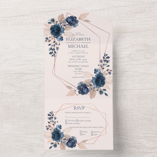 バラ金ゴールドダスティピンクネイビーブルージオメトリックフローラ オールインワン招待状 (内側)