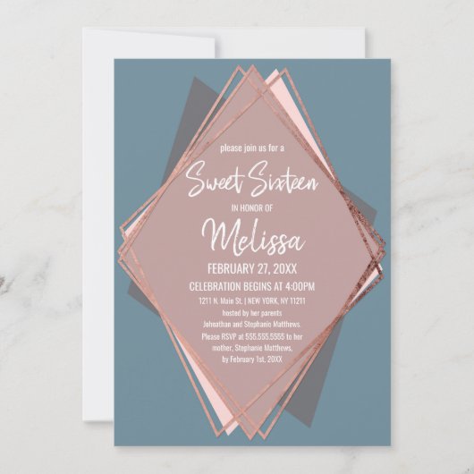 バラ金ゴールドダスティブルーマウブジオメトリックスウィート16 招待状 (正面)