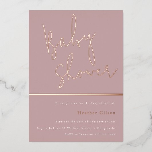 バラ金ゴールドダスティメイブピンクモダンベビーシャワー 箔招待状 (正面)