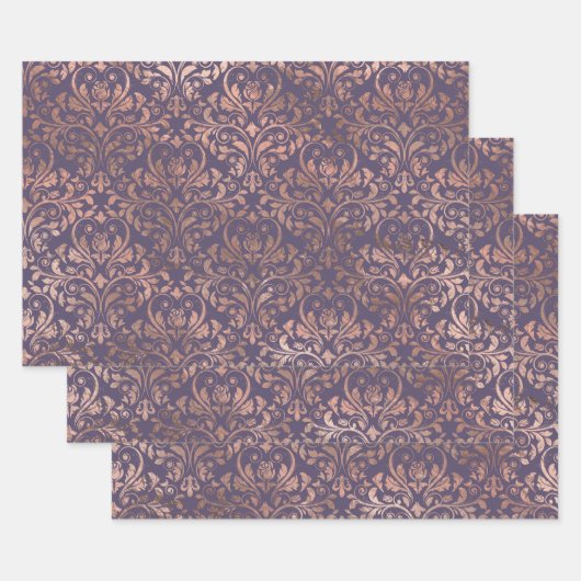 バラ金ゴールドダマスクオンパープル ラッピングペーパーシート (セット)