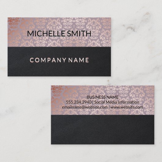 バラ金ゴールドダマスクパターンブラックレザーカラーブロック 名刺 (正面/裏面)